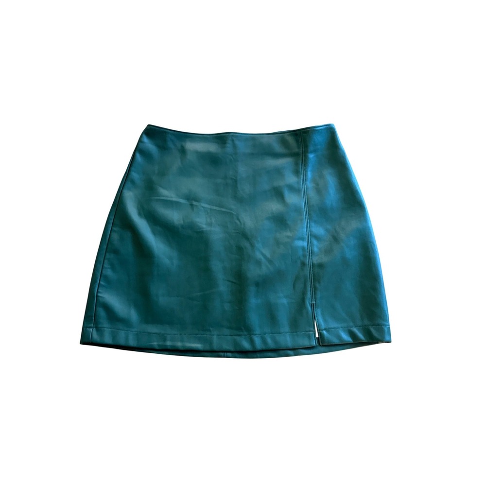 Hollister Green Faux Leather Ultra High-Rise Mini Skirt Front Slit Large Preppy